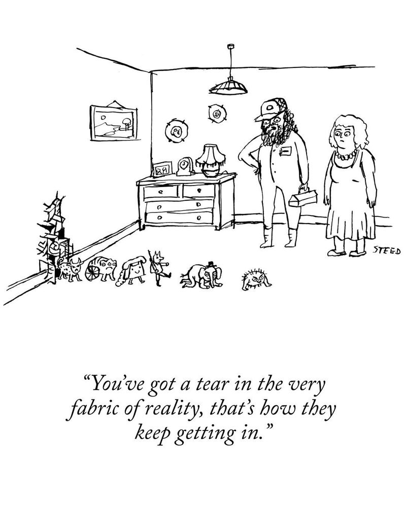 A handyman and a woman stand looking at strange creatures coming through a hole in the wall: “You’ve got a tear in the very fabric of reality, that’s how they keep getting in.”