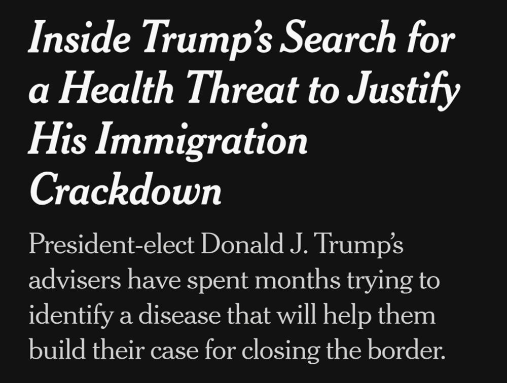NYT screen shot that reads: Inside Trump's Search for a Health Threat to Justify His Immigration Crackdown. With an image of an Orange Man.