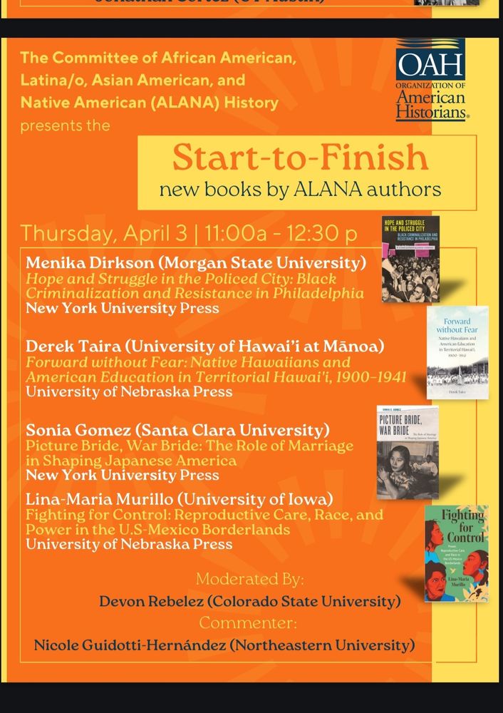 Yellow and orange poster with information about the OAH conference panel on Thursday, April 3 from 11am-12:30pm dedicated to books new coming out now. 