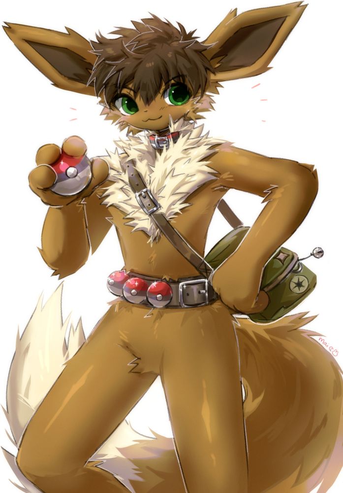 Vee as a Pokemon Trainer, wearing a belt with Pokeballs and a sling bag of essentials. He's posed confidently, showing off a Pokeball in a hand, as if challenging you to a battle.