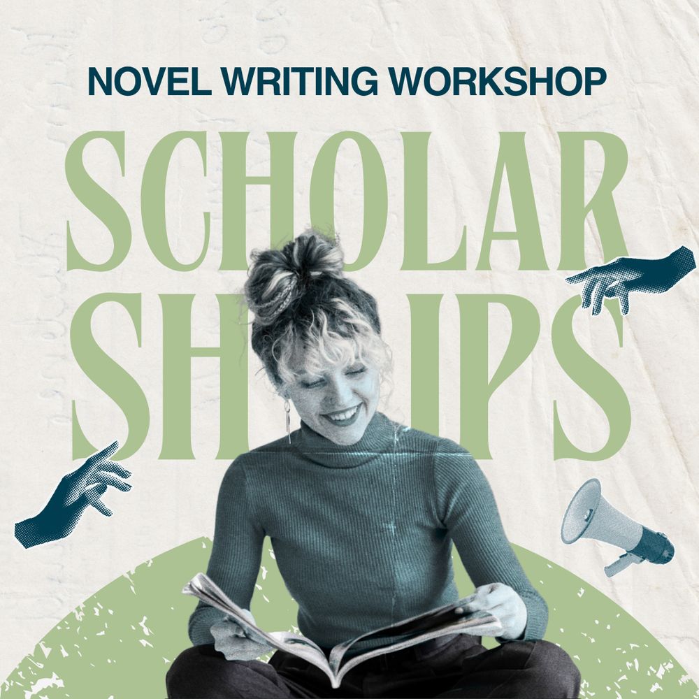 Image of a woman reading a book and smiling. 

Novel writing workshop scholarships. 
