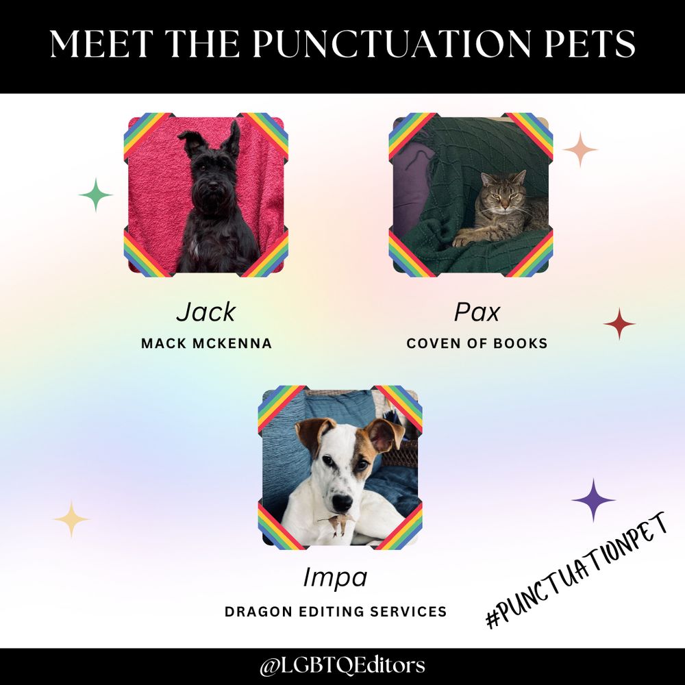 Jack the dog from Mack McKenna, Pax the cat from Coven of Books, and Impa the dog from Dragon Editing Services