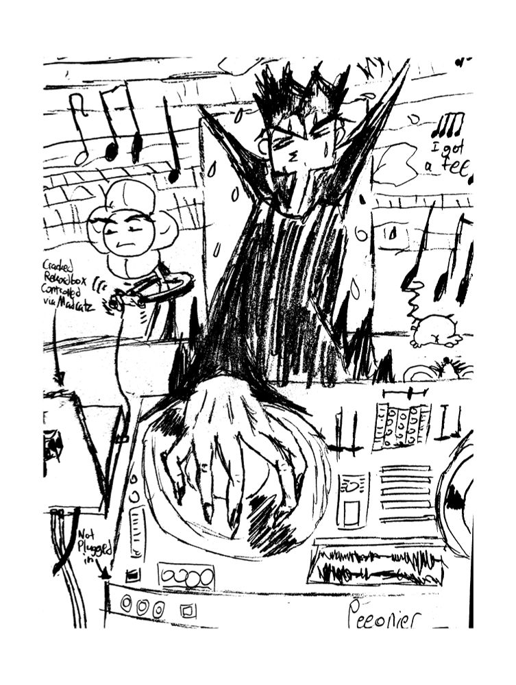 Fanart of the characters from the Frog Show Pilot. Hard Flower is controlling the music via Madcatz controller while Jeefrey puts full effort into controlling decks that aren't plugged in. Mouse is peeking from below the table and Frog is smoking a cig in the back. I think they're at The LOT Radio room or HOR Berlin room, idk your choice. 