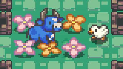 pixel art of a cow surrounded by flowers