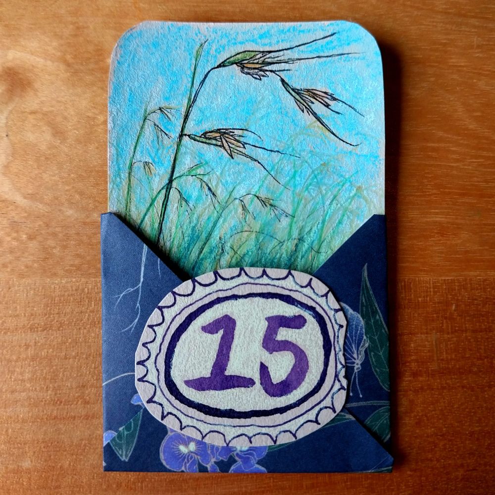Photo of a square envelope, made with decorative purple and black paper, with a large hand-drawn number 15 on the front. It is open at the top to slot in a drawing. The drawing is of flowering stems of the Kangaroo Grass, Themeda triandra.