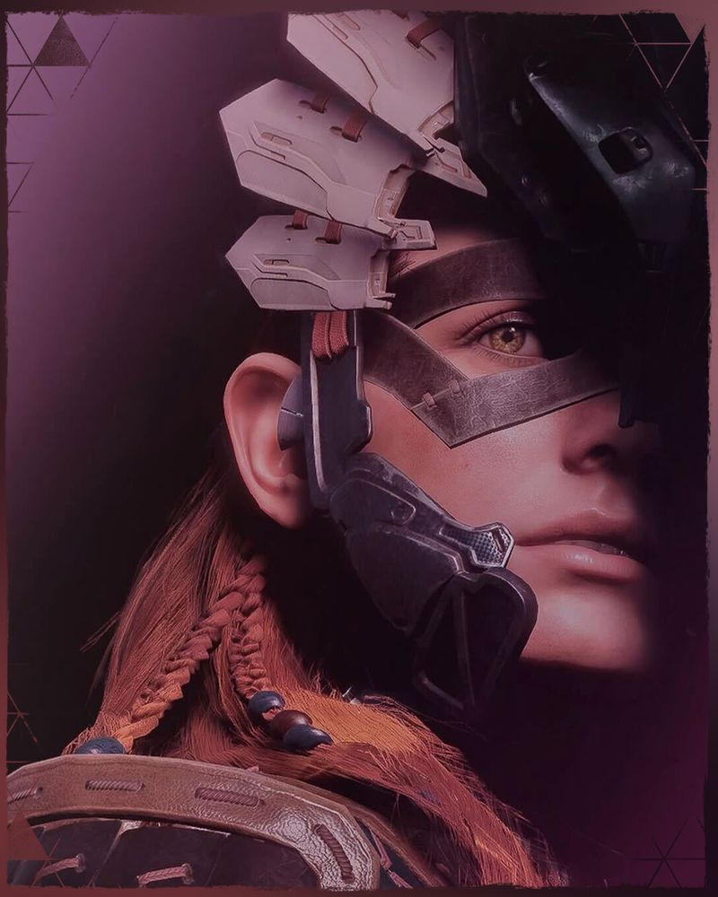 A screenshot taken in Horizon Zero Dawn Remastered of Aloy in Shadow Carja armor, and half of her face covered in shadow.
