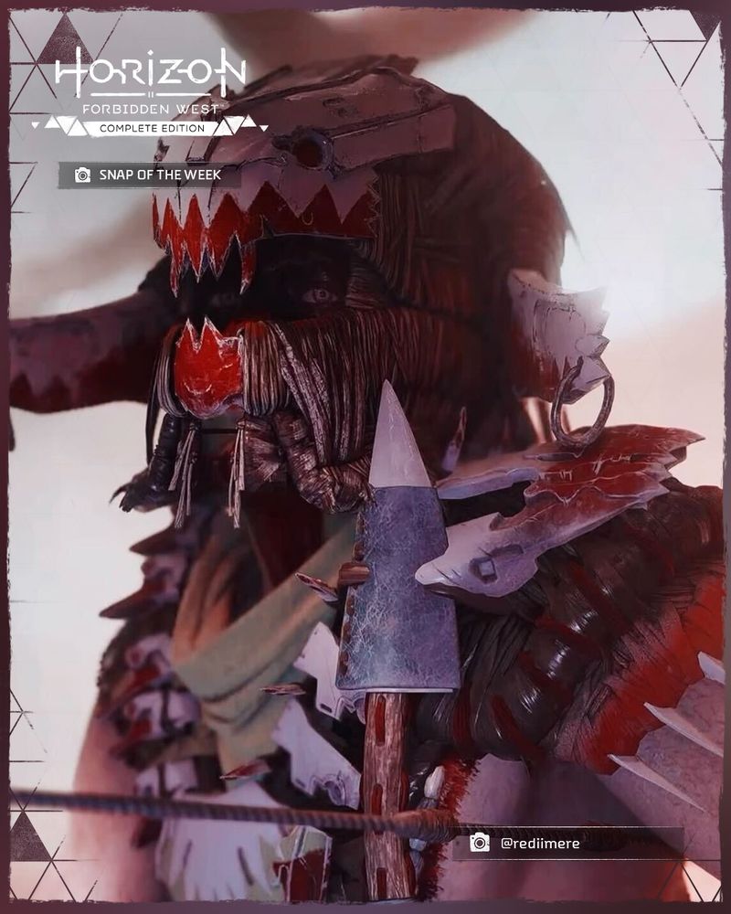A screenshot taken in Horizon Forbidden West of Red Teeth looking straight at the camera through his mask.