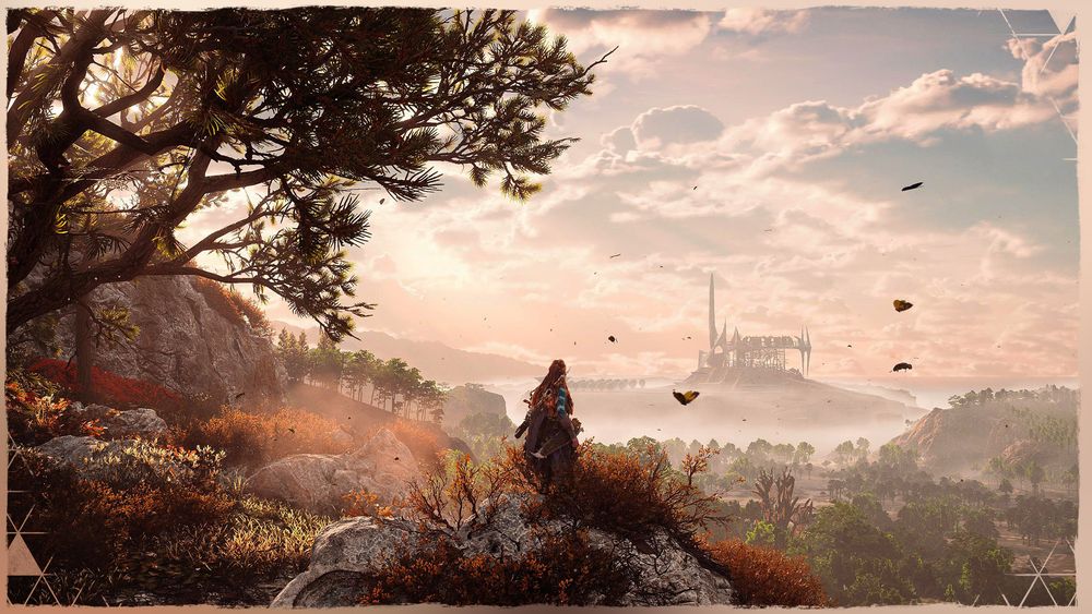 A screenshot of Aloy standing on a rock, looking out towards the Zenith Base far in the distance.
