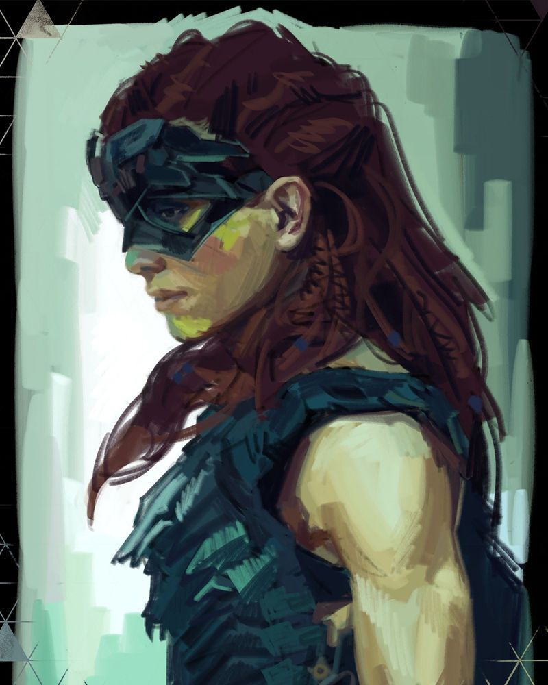 Fan art of Aloy's side profile in Carja Shadow Stalwart armor.
