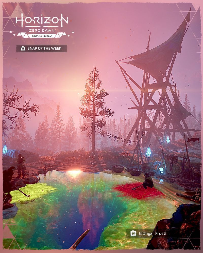 A screenshot taken in Horizon Zero Dawn Remastered of a pink sunrise over a Banuk settlement, that has a rainbow pool, blue cable lights and a lookout tower.