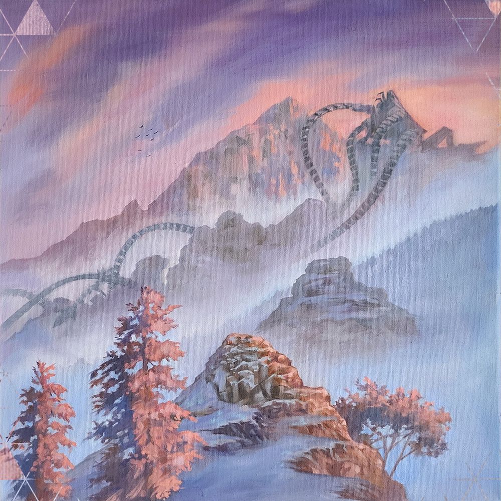 Oil painting fan art of a Metal Devil in the distance, surrounded by mountains and trees. 