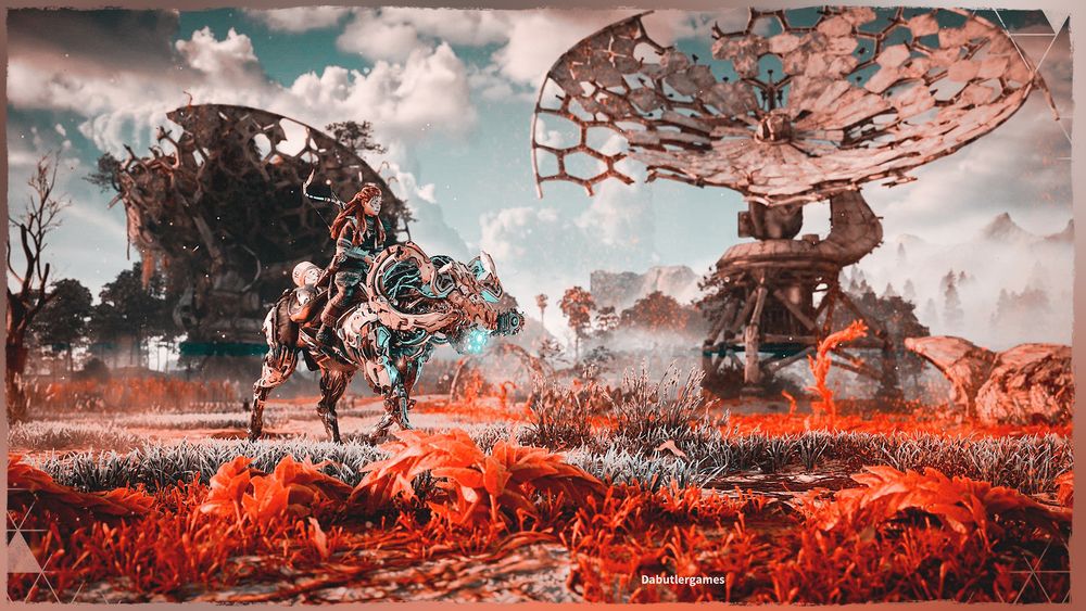 A screenshot taken in Horizon Forbidden West of Aloy riding a Charger machine through the blighted lands of Plainsong. In the distance, you can see ruined satellite dishes.