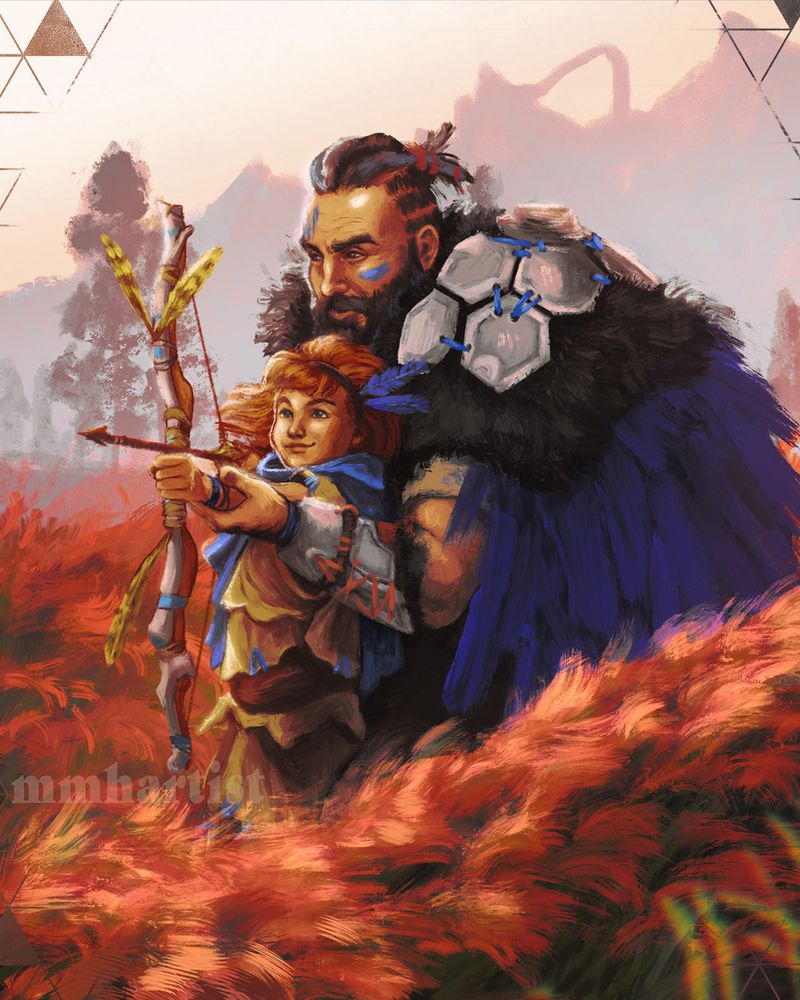 Fan art of Rost guiding Aloy with her bow when she was a child, standing in tall red grass.