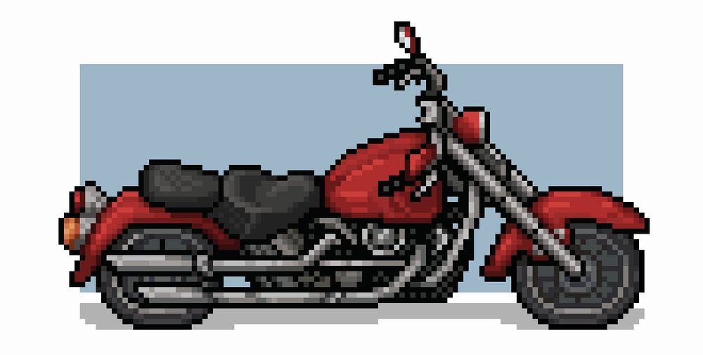 A red motorcycle made in pixel style against a plain white and grayish blue background.