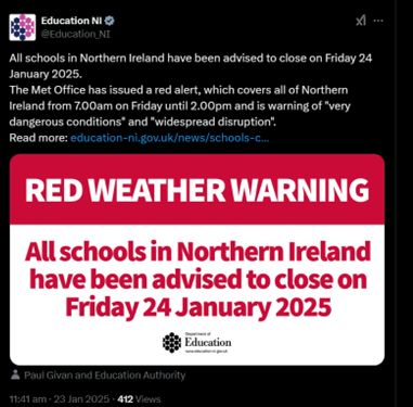 The Department of Education NI have advised that all schools should close on Friday 24 January 2025