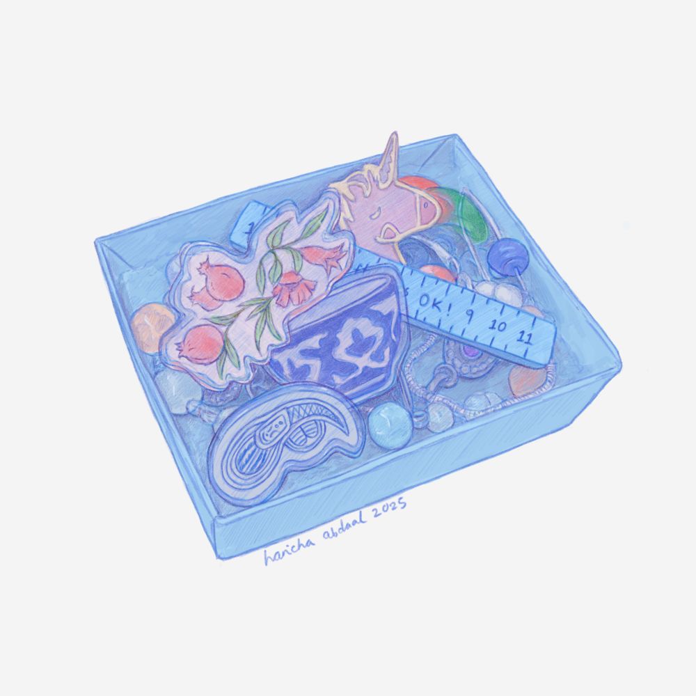illustration of little box full of pins and bracelets
