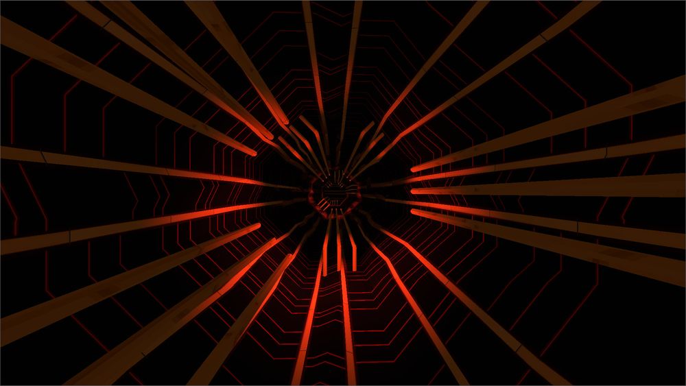 Captura de un juego en desarrollo en el que estoy trabajando, se ve un tunel con texturas con líneas naranjas que se mueven en la dirección del tunel y rojas que se cruzan, y unas tuberías naranjas a lo largo del escenario