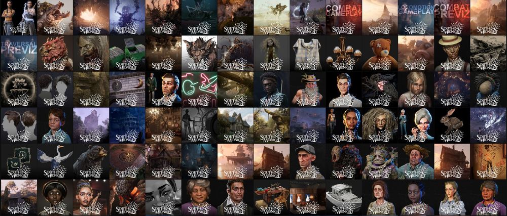 Large compilation image of various pieces of art from the South of Midnight Art Blast on ArtStation, including character renders, environmental art, concept art, and more.