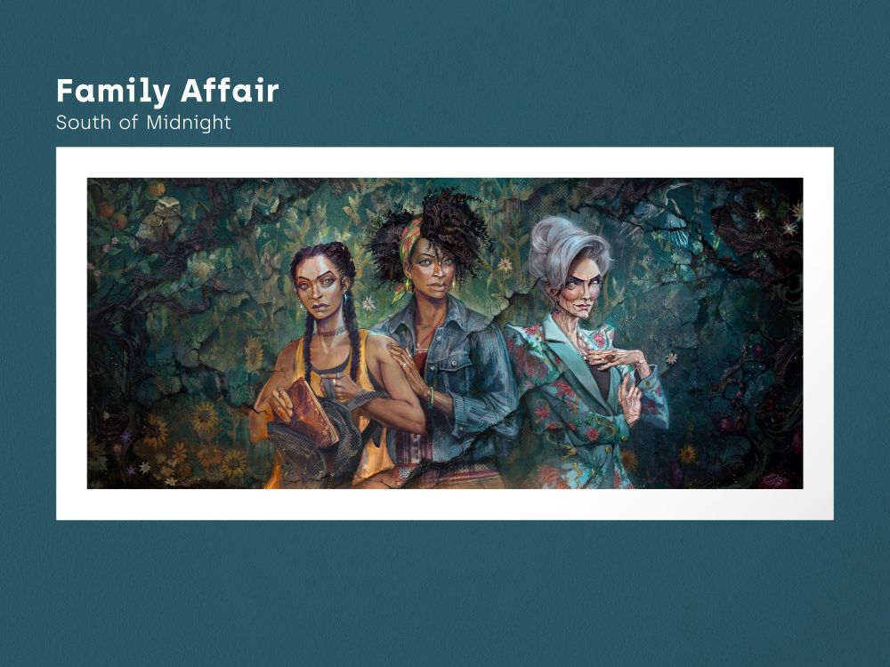 Promotional artwork for the 'Family Affair' South of Midnight fine art print from Cook and Becker depicting Hazel, Lacey, and Grandma Bunny. 