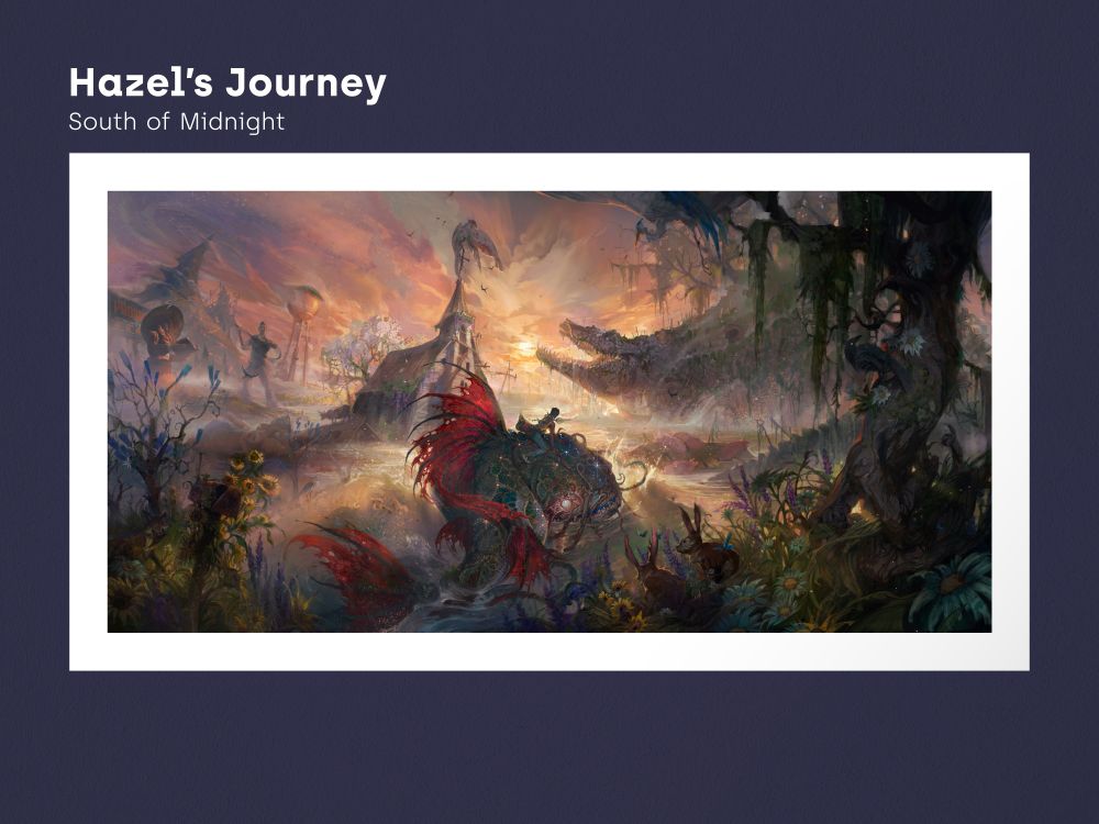 Promotional artwork for the 'Hazel's Journey' South of Midnight fine art print from Cook and Becker depicting Hazel riding atop Catfish along the Flooded Countryside.