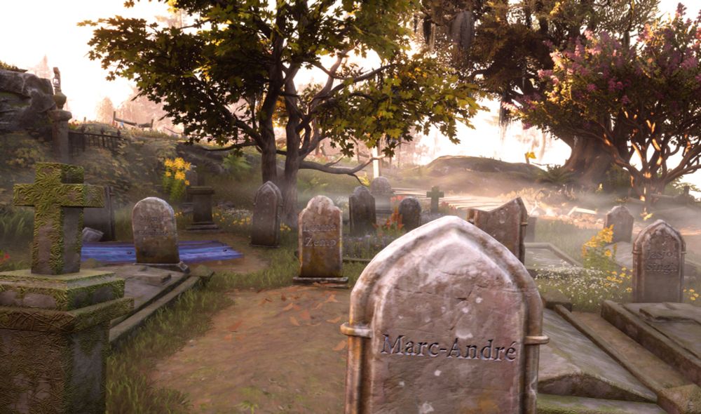 In-game screenshot from South of Midnight of gravestones with members of the art team engraved on them, including: Marc-André, Louna Zemp, Jasjot Singh, and Miguel, a.k.a. Combato.