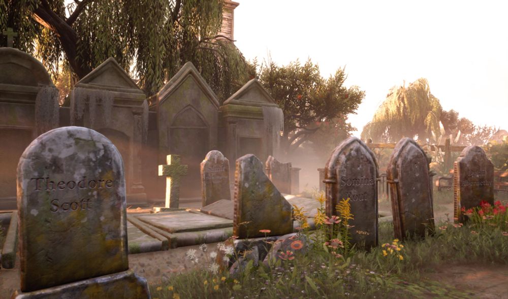 In-game screenshot from South of Midnight of gravestones with members of the art team engraved on them, including: Theodore Scott, Somina Rout, Dylan Abernethy, and Samir (the Corruption Master).