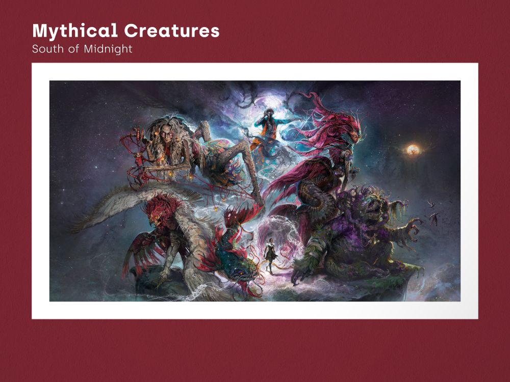 Promotional artwork for the 'Mythical Creatures' South of Midnight fine art print from Cook and Becker depicting Hazel surrounded by Catfish, Rougarou, Huggin' Molly, Roux, Altamaha-Ha, and the Honey Island Swamp Monster.