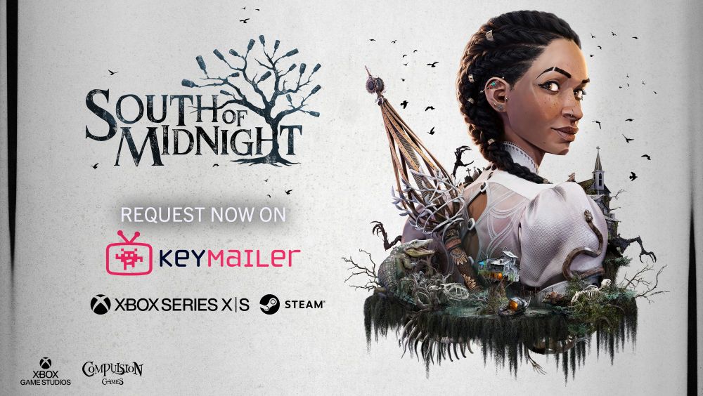Promotional asset for Keymailer requests for South of Midnight. On the right of the image is the South of Midnight main key art featuring protagonist Hazel looking over her shoulder at the viewer. On the left of the image is the South of Midnight logo and text that reads 'REQUEST NOW ON KEYMAILER.' Beneath are the Xbox Series X and S and Steam logos. In the lower left-hand corner are the Xbox Game Studios and Compulsion Games logos.