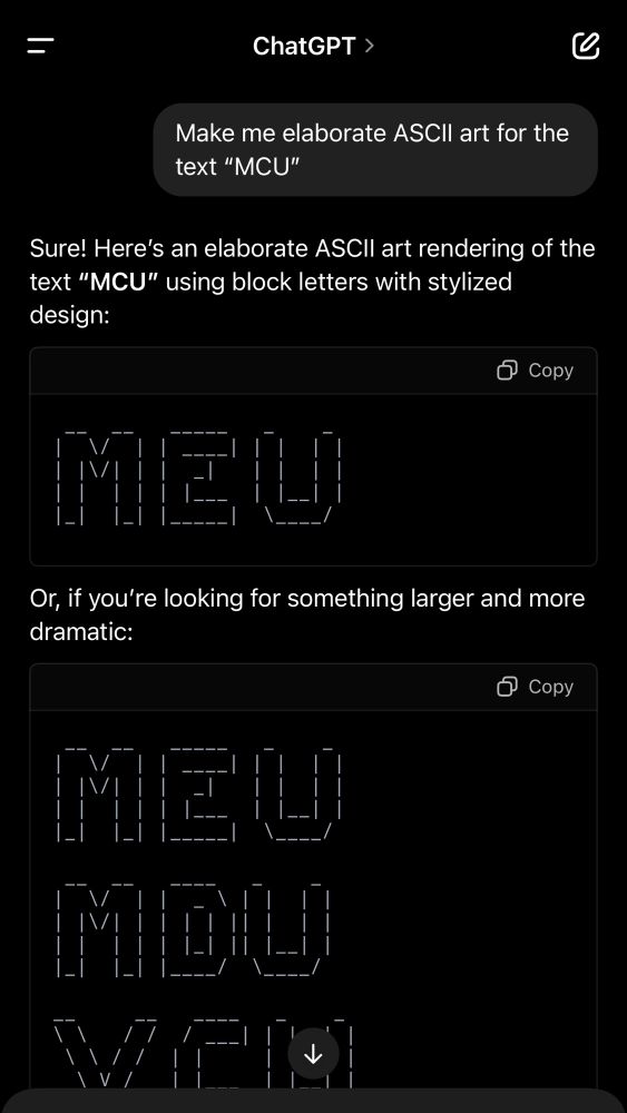 ChatGPT failing to render the letters MCU