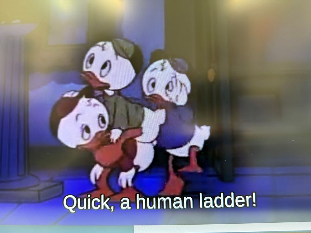 The three nephew ducks in DuckTales saying “quick, a human ladder” when climbing on each others’ shoulders. 