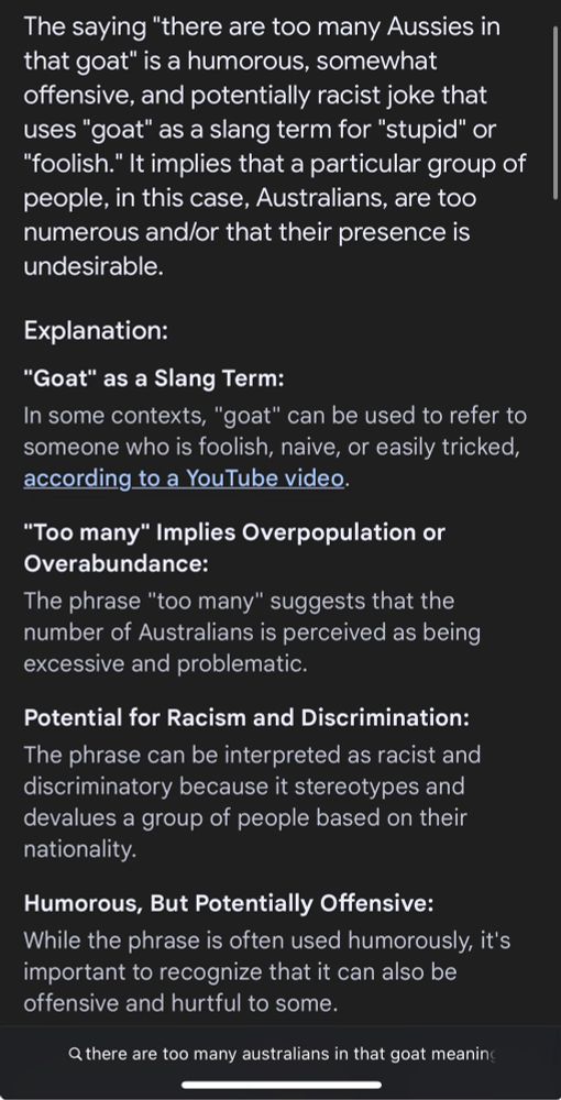 Google AI made up results on a made up expression, “there are too many Australians in that goat”