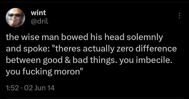Classic wint tweet: the wise man bowed his head solemnly and spoke: "theres actually zero difference between good & bad things. you imbecile. you fucking moron"