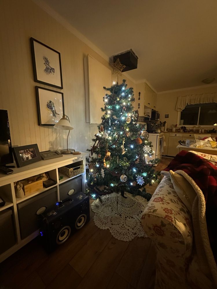 A lit Christmas tree sits in the corner of a room with the crocheted tree skirt underneath. Beside it is a speaker made out of an old suitcase, leaning up against a white sideboard. The kitchen can be seen beyond the tree.