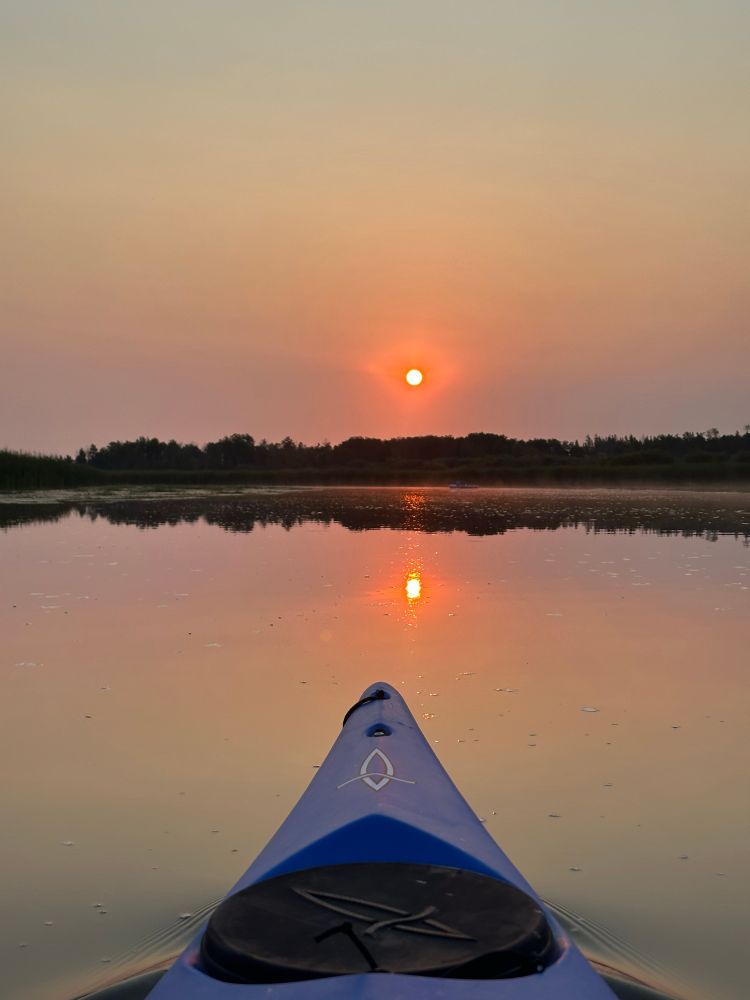 Looking over the bow of a blue kayak at the sun rising over the Stillwaters of a small river. The sky is clear, but the sun is still quite orange as it says it’s very low of the horizon and it is reflected in the water.