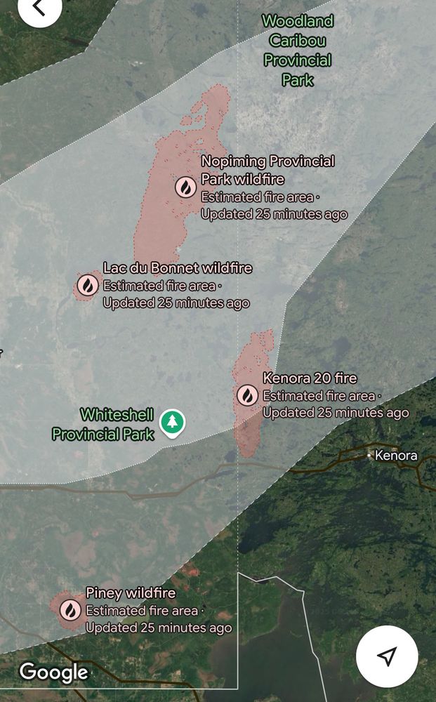 A Google map showing for major wildfires on the Manitoba Ontario border, threatening Whiteshell and Nopiming parks along with several communities.