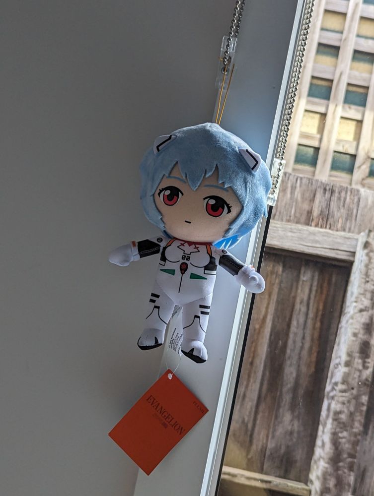 Rei Chiquita (from Evangelion) hanging next to a window 