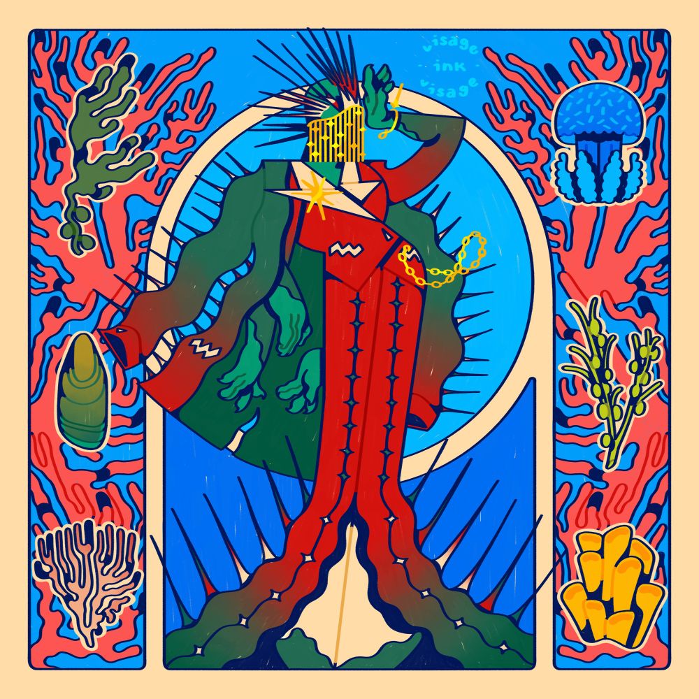 Depicted is a green hued sea urchin with green, red, and white spikes on her head. She dons a red powersuit with white lapels and green gradient hems and sleeves. A green coat with red gradient sleeves and coat bottom. Her pants flare open at the very bottom of the canvas revealing white and green boots. She has a gold chain pocket watch, gold star bracelet, eight-pointed star lapel pin, and gold draping face chain. To the left and right of her is the sum of her diet: kelp, algae, mussels, sponges, jellyfish, and bryozoa. Behind these prey animals are stacks of pinkish red hard coral.