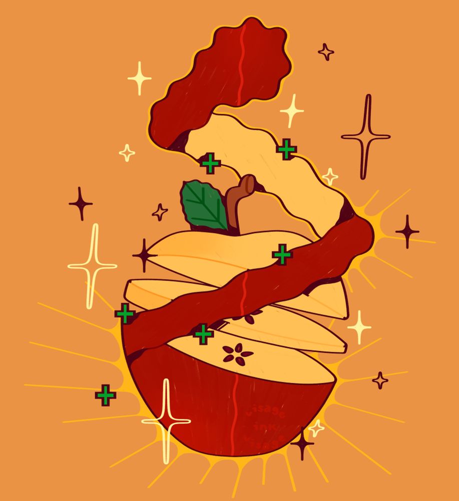 Depicted is a half peeled red apple. The apple is half segmented (diagonally by the top and middle) while the other half of the apple whole. The apple’s peel wraps around the peeled apple portions and wraps to the top of the canvas. Small medical crosses dot the peel’s surface to indicate healing. A yellow starburst and yellow glow surround the bottom of the apple to signify restoration. Stars of various shapes are sprinkled around the apple and canvas.