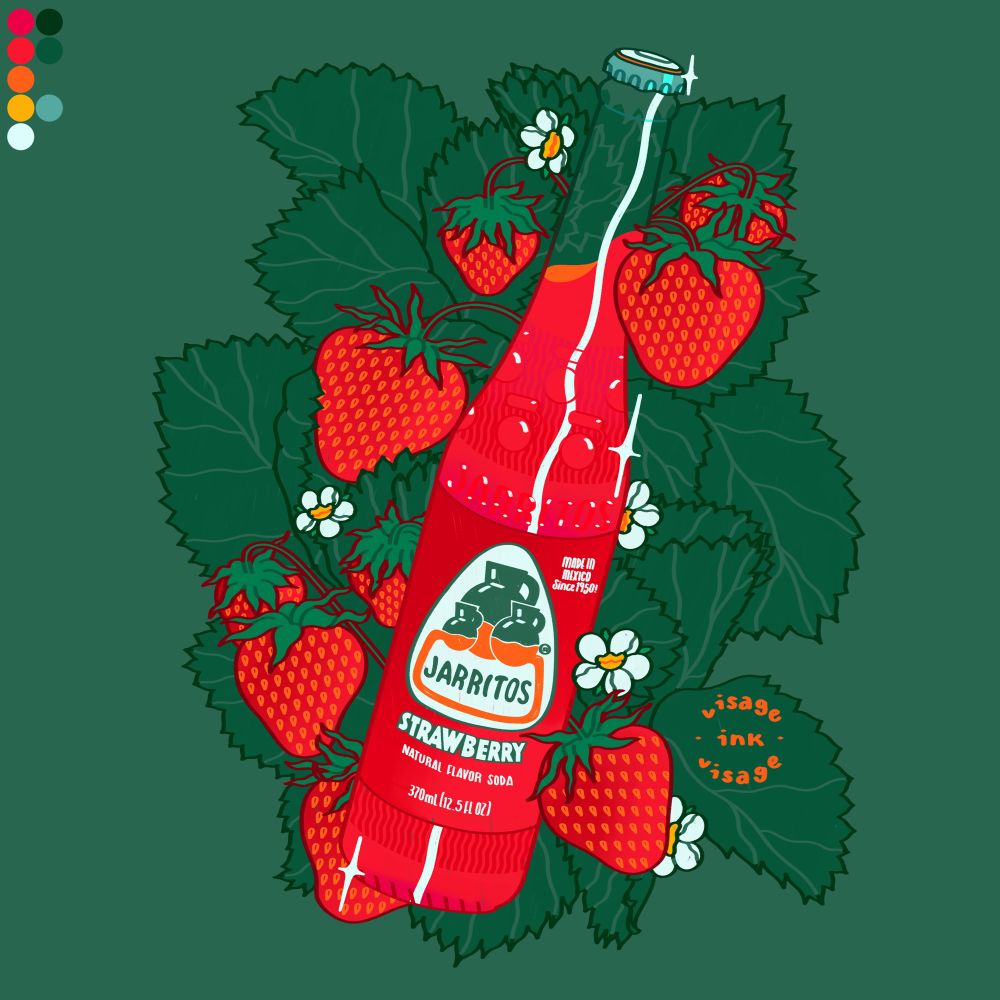 Depicted is a bottle of soda among a bed of strawberries, its flowers and its leaves. The bottle is adorned with a Jarritos soda label along with a bright shimmer on the specially designed glass.