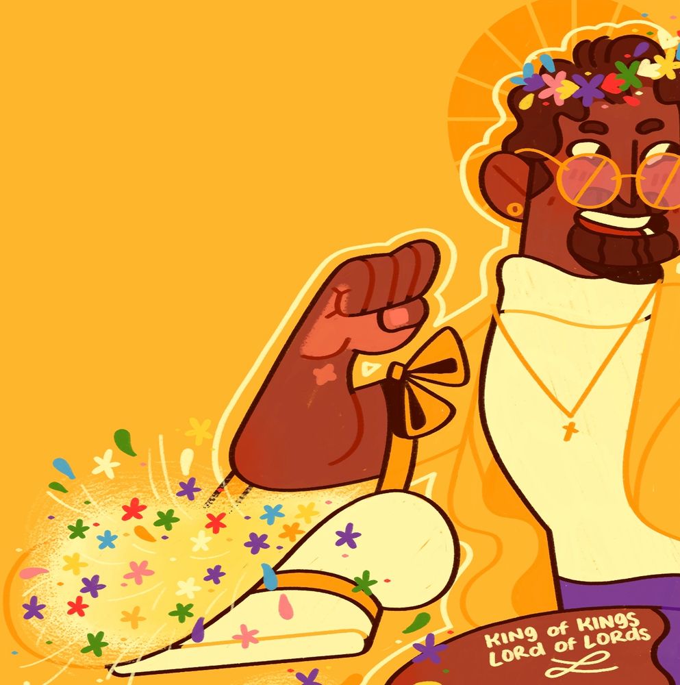 A close up of Jesus’ star shaped scarred wrist and “flower basket” filled with green, yellow, white, blue, pink, purple, orange, and red flowers.