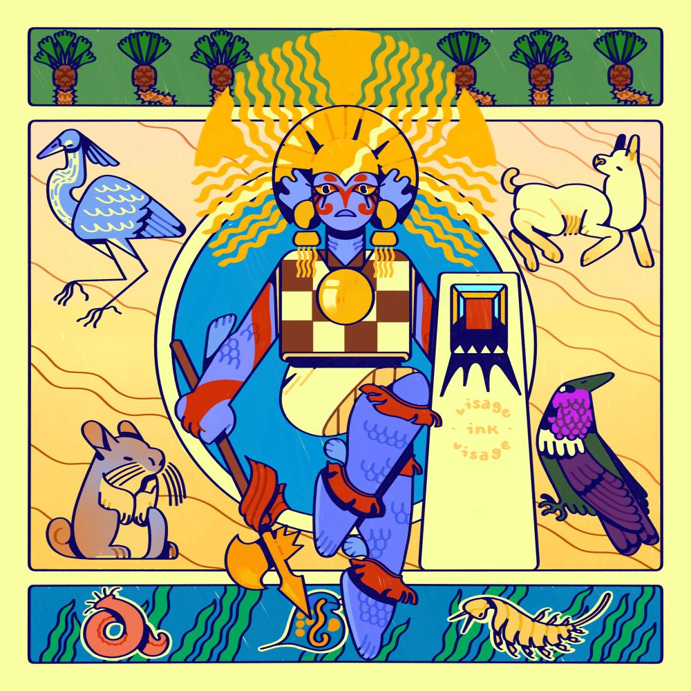 Depicted is a silvery blue and red streaked tetra granate Incan warrior. She wears a white and brown checkered tunic, white skirts, red tasseled bands, a patterned long shield, and copper headed dual-headed axe. She is adorned in gold earrings, a large gold medallion necklace, and golden sun-haloed crown. Behind her is the oasis fount she comes from. To the left and right are some of Peru’s. They are the: striated heron, viscacha, guanaco, and amethyst throated sunangel; these are depicted on a sandy backdrop. Above the animals is a row of palms that are typically found at the water’s edge. Below the tetra granate are three animals that consist of her diet: the bloodworm, daphnia, and brine shrimp.