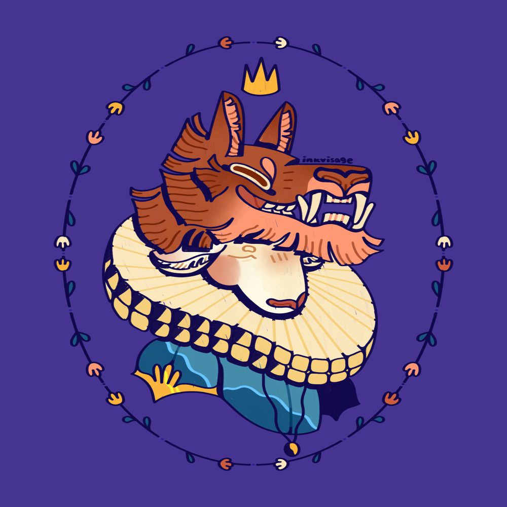 Depicted is a portrait of a young lamb with the head of a wolf as a helm. The lamb is clad in silvery blue armor with a gold medallion hanging from their neck. Above their head, as well as the wolf’s, is a golden crown.