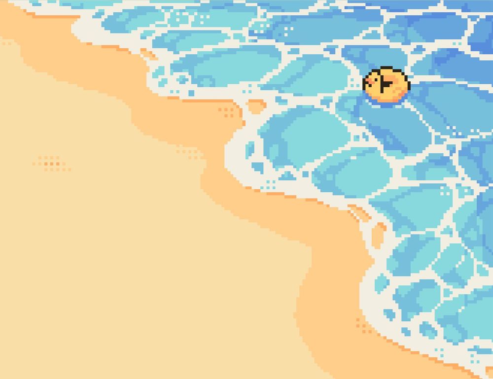 Pixel art illustration of where the sand meets the ocean. In the ocean there is a rubber ring in the shape of a yellow duck floating in the water.