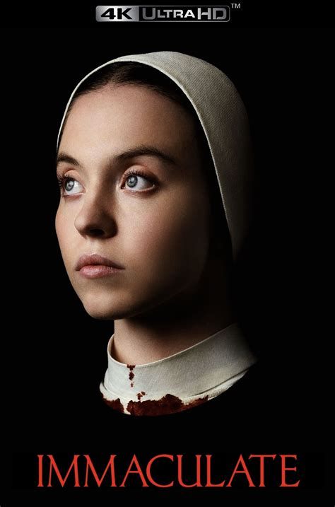 The poster for Immaculate shows Sidney Sweeney in three-quarters profile from the shoulders up. She is wearing a nun's habit. Blood is visible around the white collar part of the nun outfit. She has a sort of uninterested look on her face as she looks at something off camera to the left of viewer.