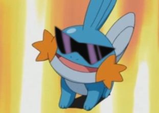 edited frame from the pokemon anime of mudkip smiling with pointed reflective sunglasses typically worn by the leader of the squirtle squad