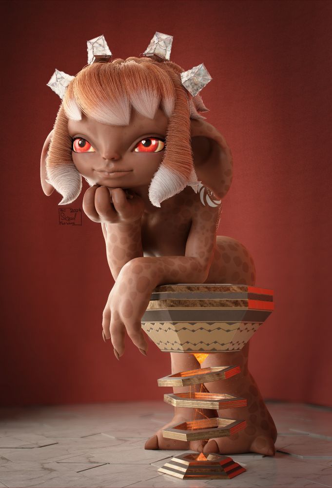 3d render Demala leaning on a stool
