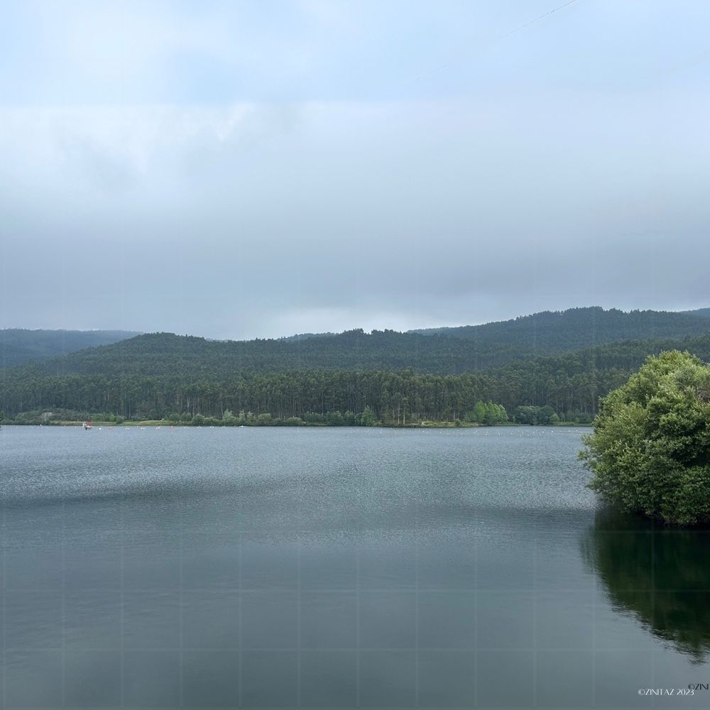 A quiet lake rests beneath a grey-blue sky, forest lining the far shore - still waters, and a slow letting go.