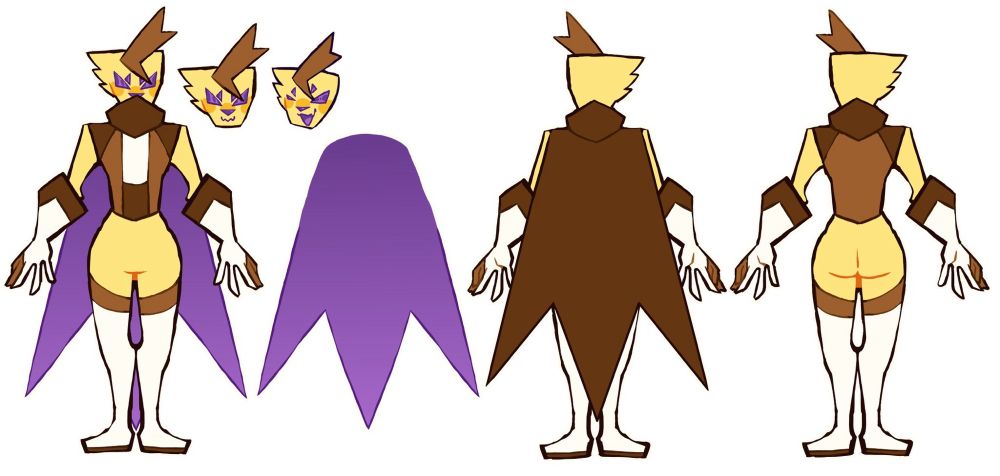 A drawn reference sheet featuring a Power Rangers - like character with a mainly yellow suit, long purple cape, and brown accents. They have long white boots and gloves, spikes on the helmet resembling hair, and two sets of purple, triangle-shaped eyes. Despite being a helmeted hero, their face still emotes, showing a more basic confident expression, and one more mischievous, with them winking towards the viewer.