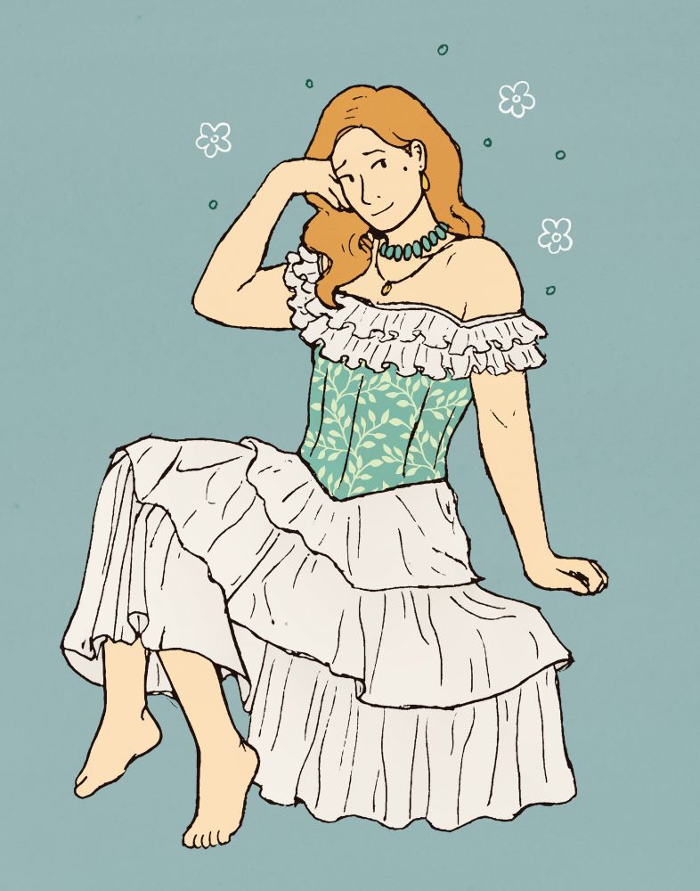 Drawing of my OC Nemato sitting and brushing his long red hair from his face. He is pale with a beauty spot under his left eye. He is wearing a couple of necklaces and a long, white ruffly dress with a teal, leaf-patterned corset. There are flowers around his head.