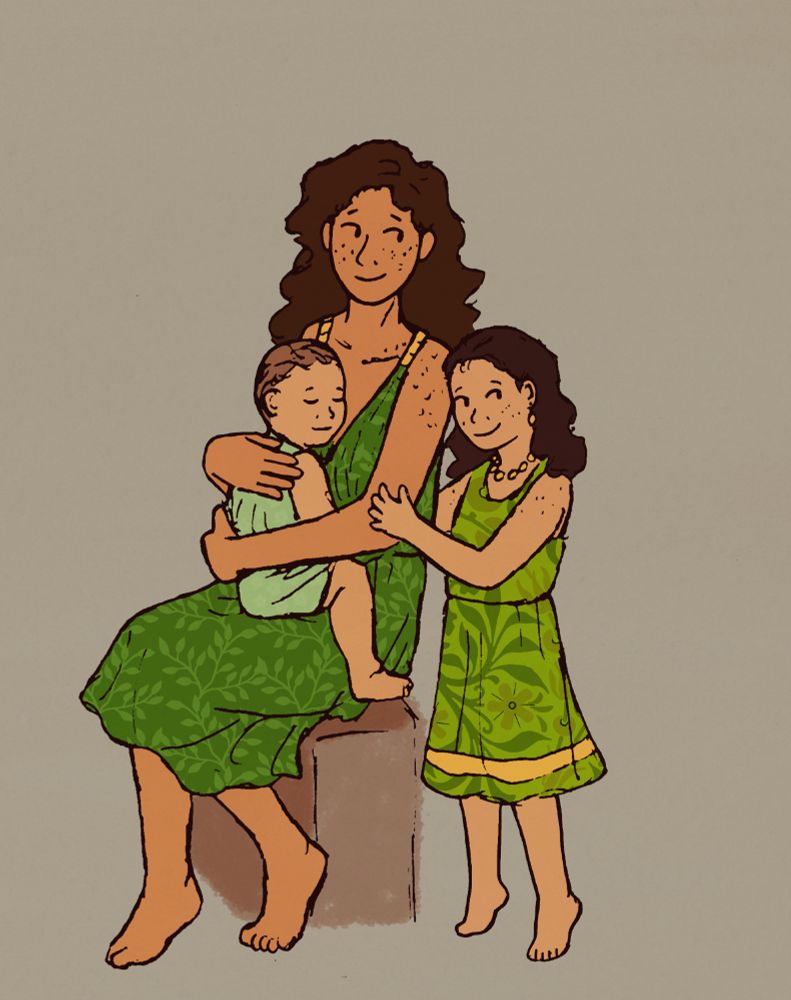 Drawing of my OC Oriole sitting with a baby in his lap and a young girl hugging him, presumably both are his kids. Oriole is small and thin with freckles and long dark hair. He is wearing a green dress with leaf patterns. His baby is wearing pale green and is sleeping peacefully. His daughter looks somewhat like him, and is wearing a bright green and gold dress and some gold jewelry.